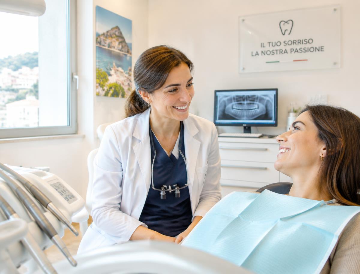 Il dentista a colloquio con una paziente